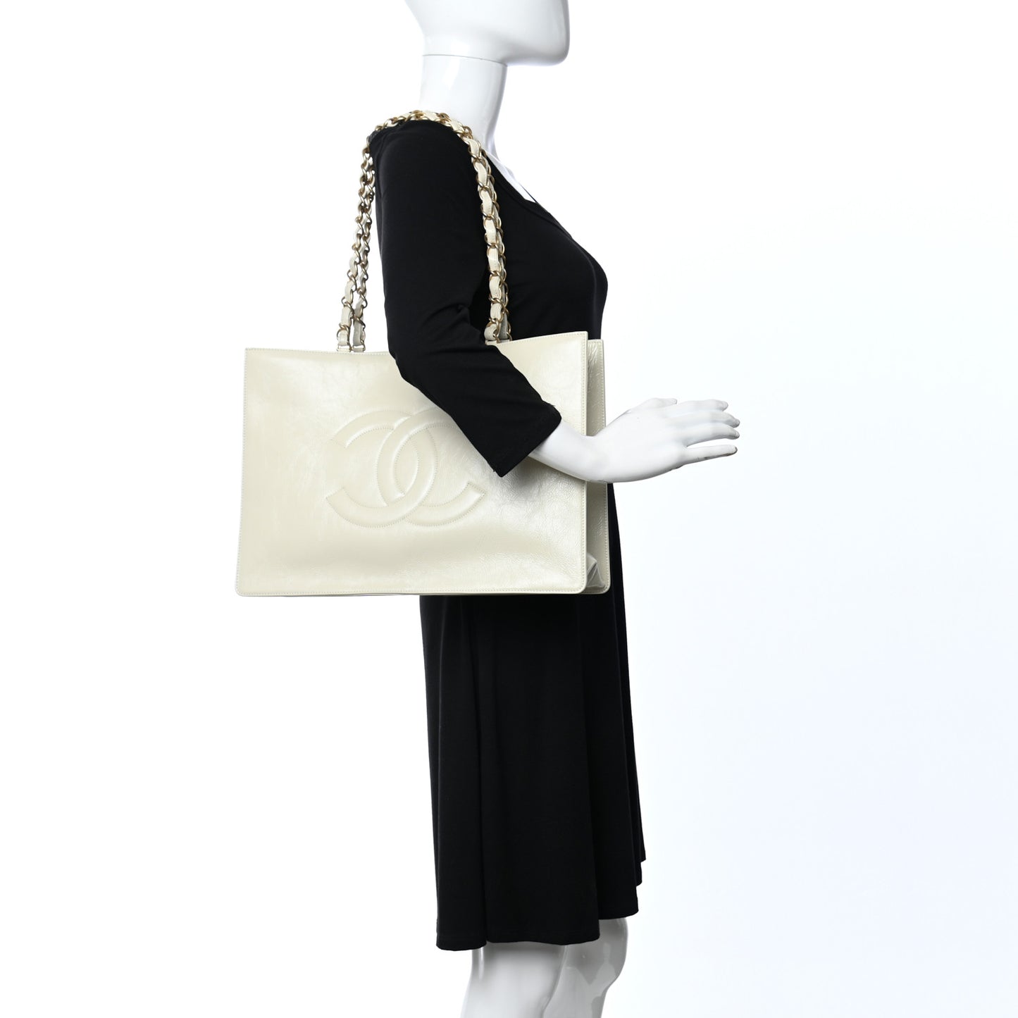 Shiny Aged Calfskin Shopping Bag White