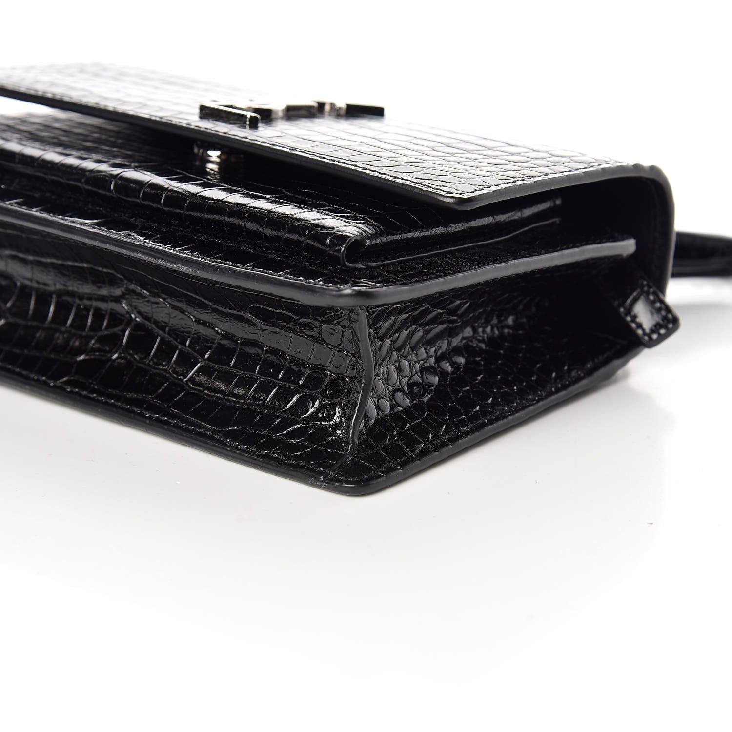 Saint Laurent Calfskin Crocodile Embossed Monogram Sunset Chain Wallet Black 6 of 9