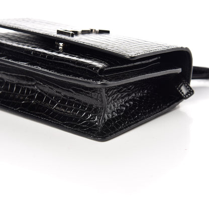 Saint Laurent Calfskin Crocodile Embossed Monogram Sunset Chain Wallet Black 6 of 9
