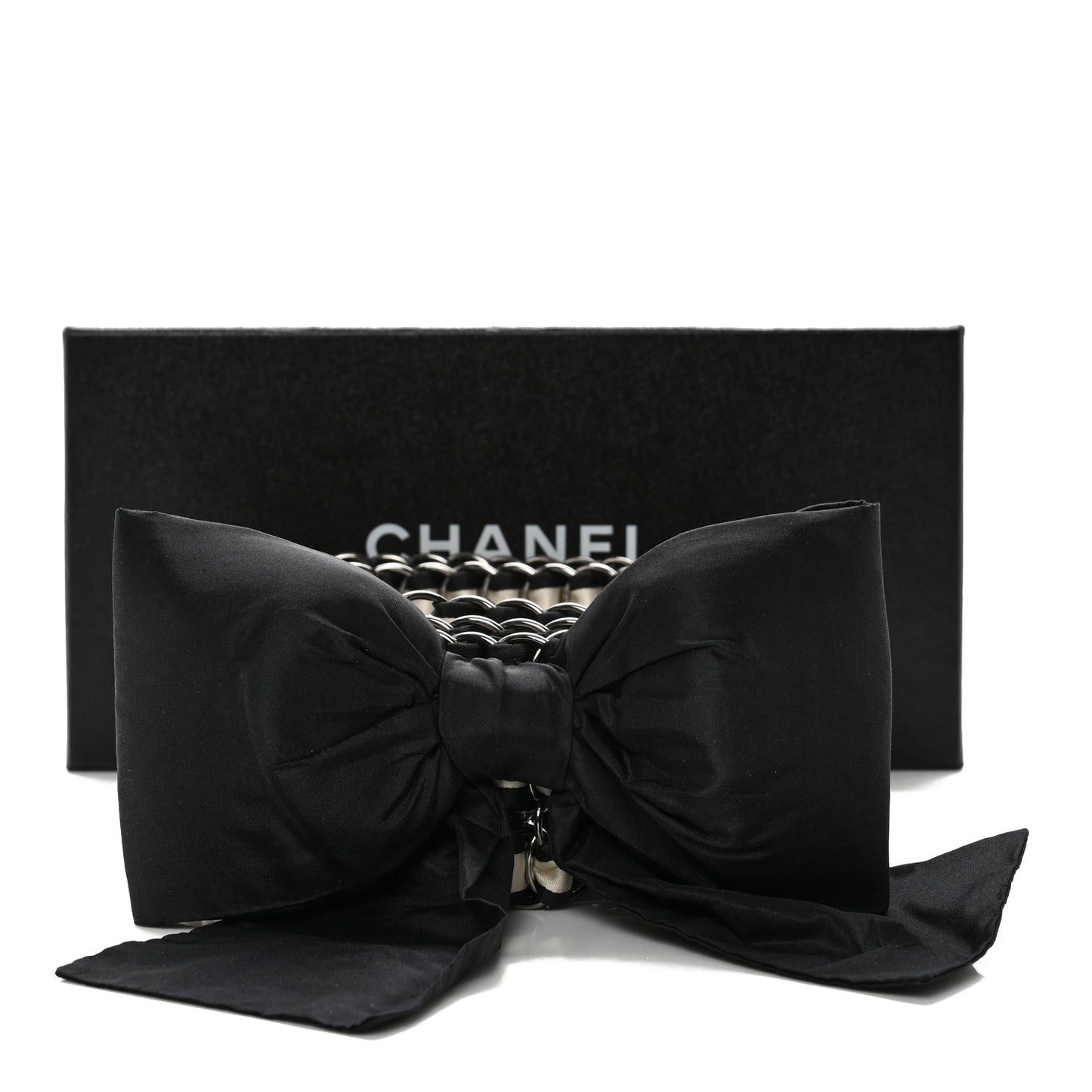 Grosgrain Silk Chain CC Bow Belt Black Ecru