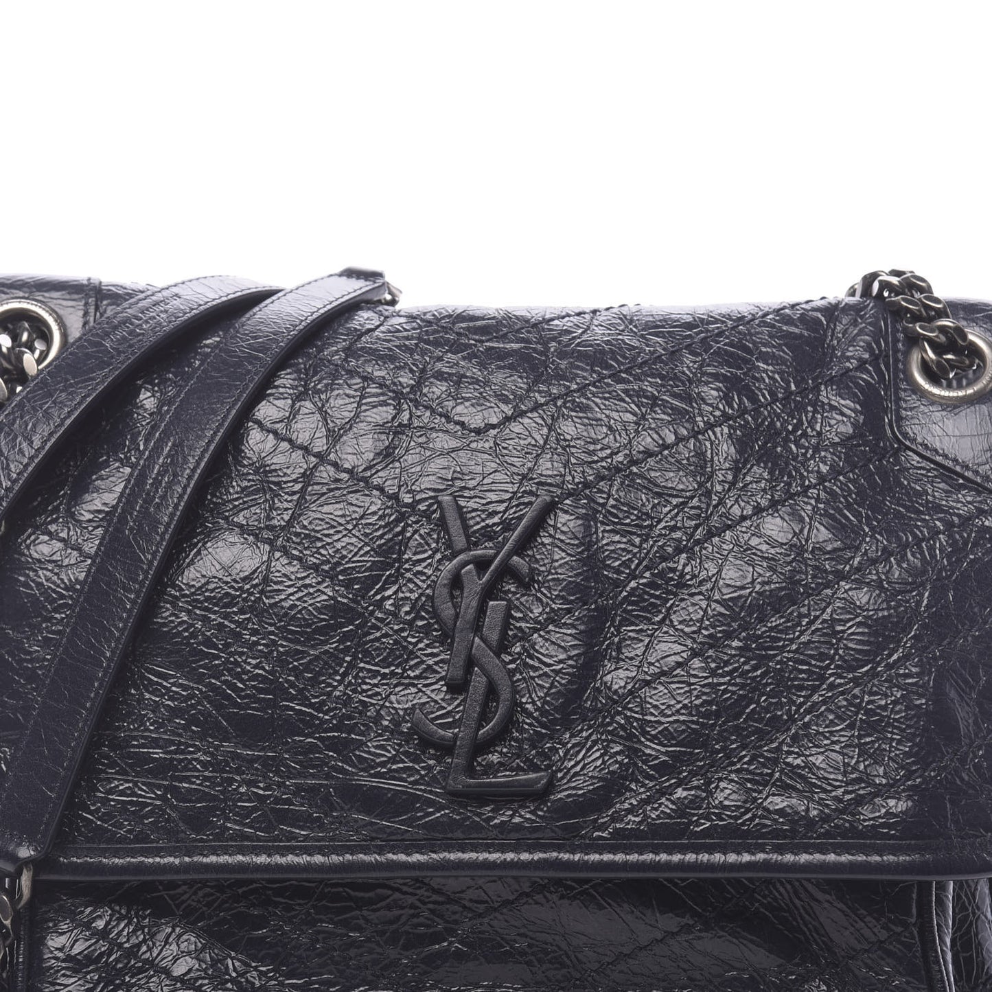 Crinkled Calfskin Matelasse Monogram Medium Niki Chain Satchel Deep Marine