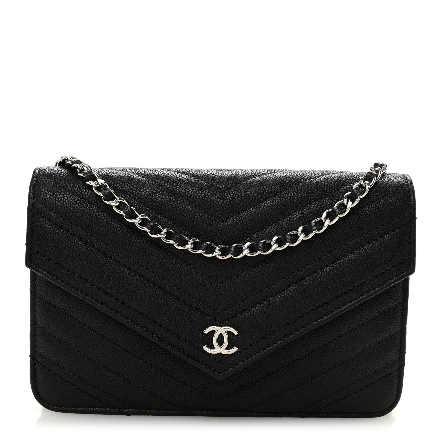 Chanel Goatskin Chevron Quilted Statement Wallet On Chain WOC Black 1 of 11