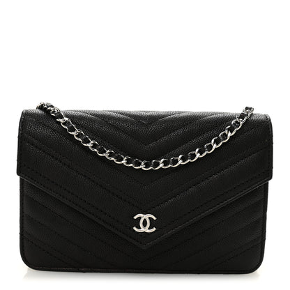 Chanel Goatskin Chevron Quilted Statement Wallet On Chain WOC Black 1 of 11