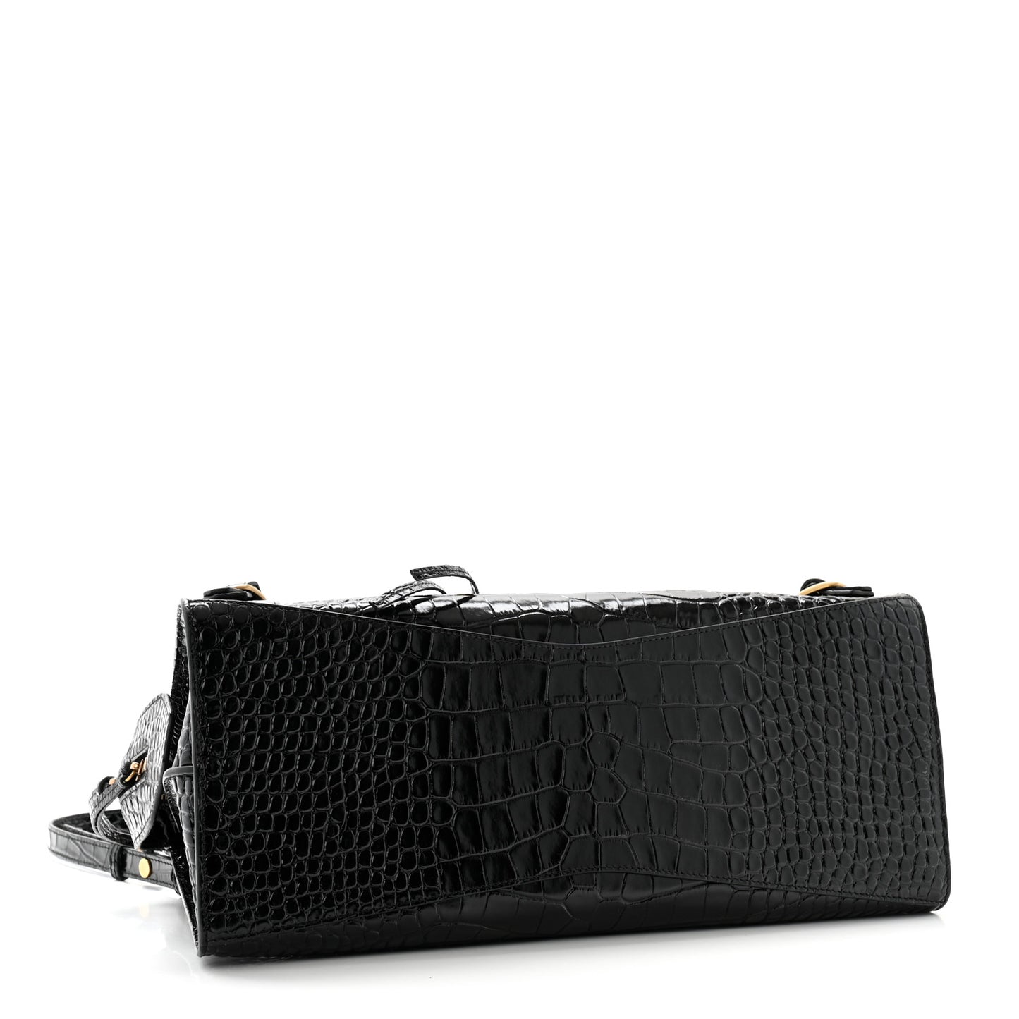 Shiny Supple Calfskin Crocodile Embossed Brass Hardware Neo Classic City Black