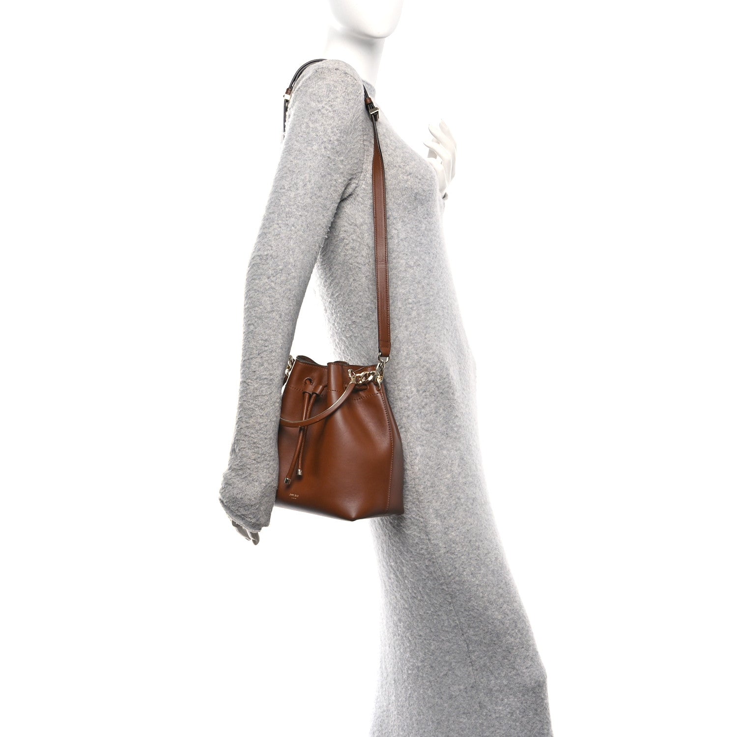 Jimmy Choo Smooth Shiny Calfskin Bon Bon Bucket Bag Dark Tan 2 of 10