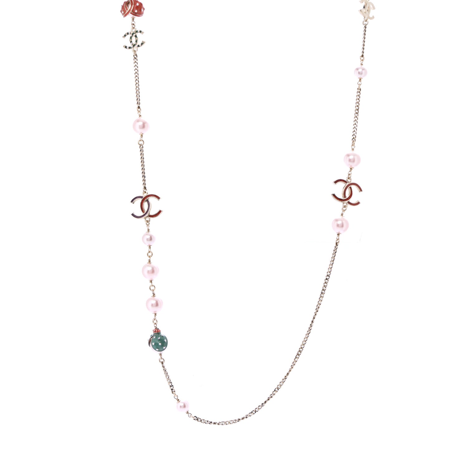Pearl Crystal Resin CC Beaded Long Necklace Gold Pink Green