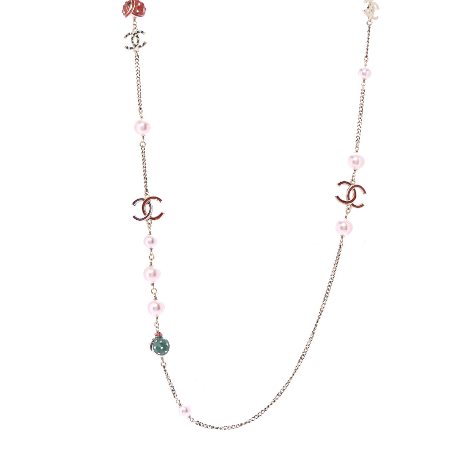 Chanel Pearl Crystal Resin CC Beaded Long Necklace Gold Pink Green 1 of 7