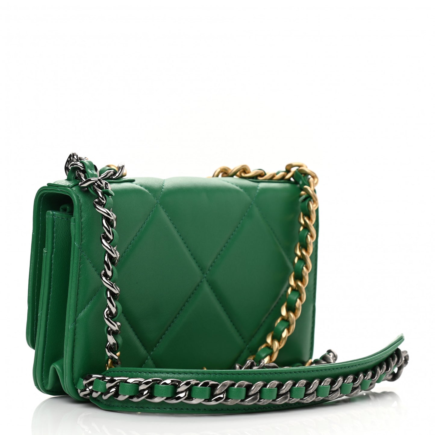 Shiny Lambskin Quilted Chanel 19 Wallet On Chain WOC Green