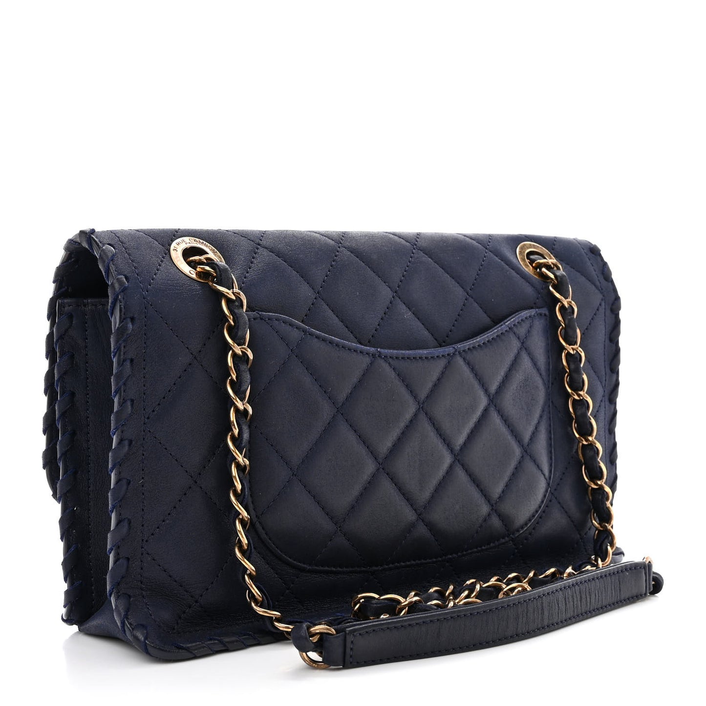 Iridescent Calfskin Small Happy Stitch Flap Navy