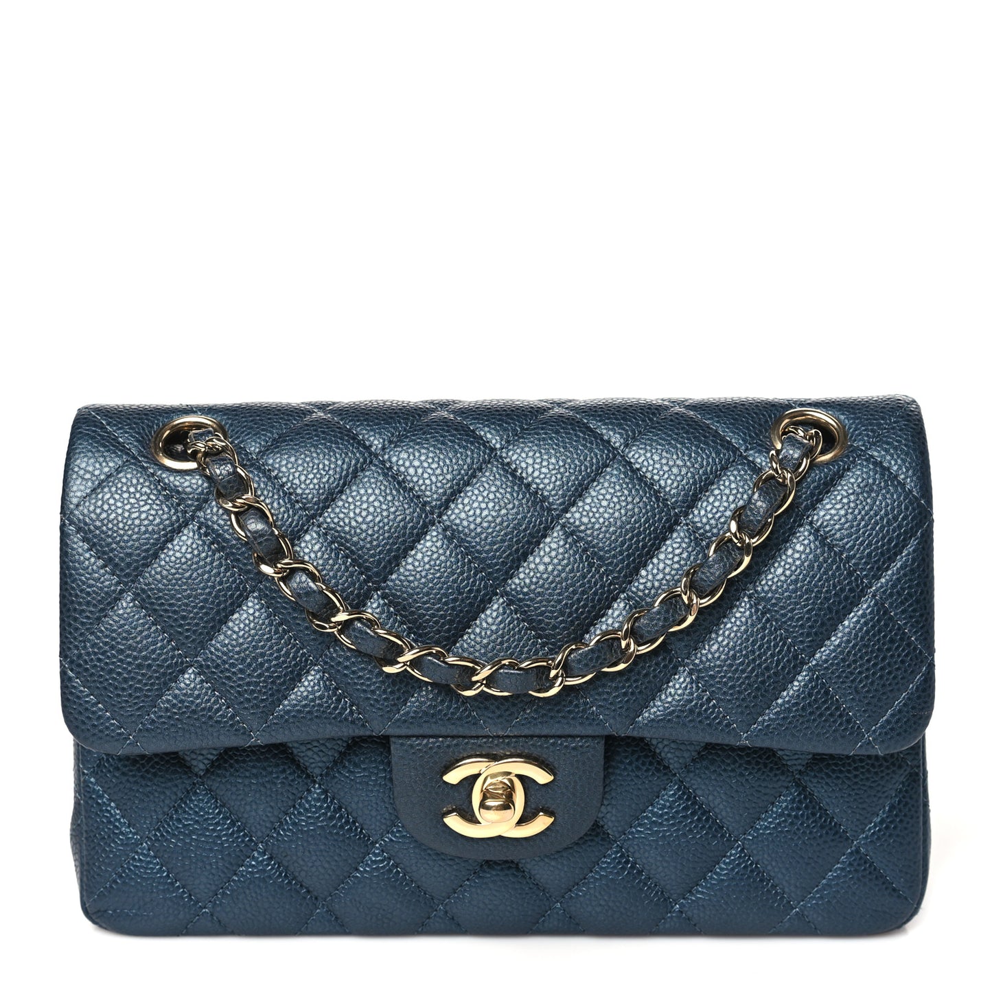 Iridescent Caviar Quilted Small Double Flap Dark Blue