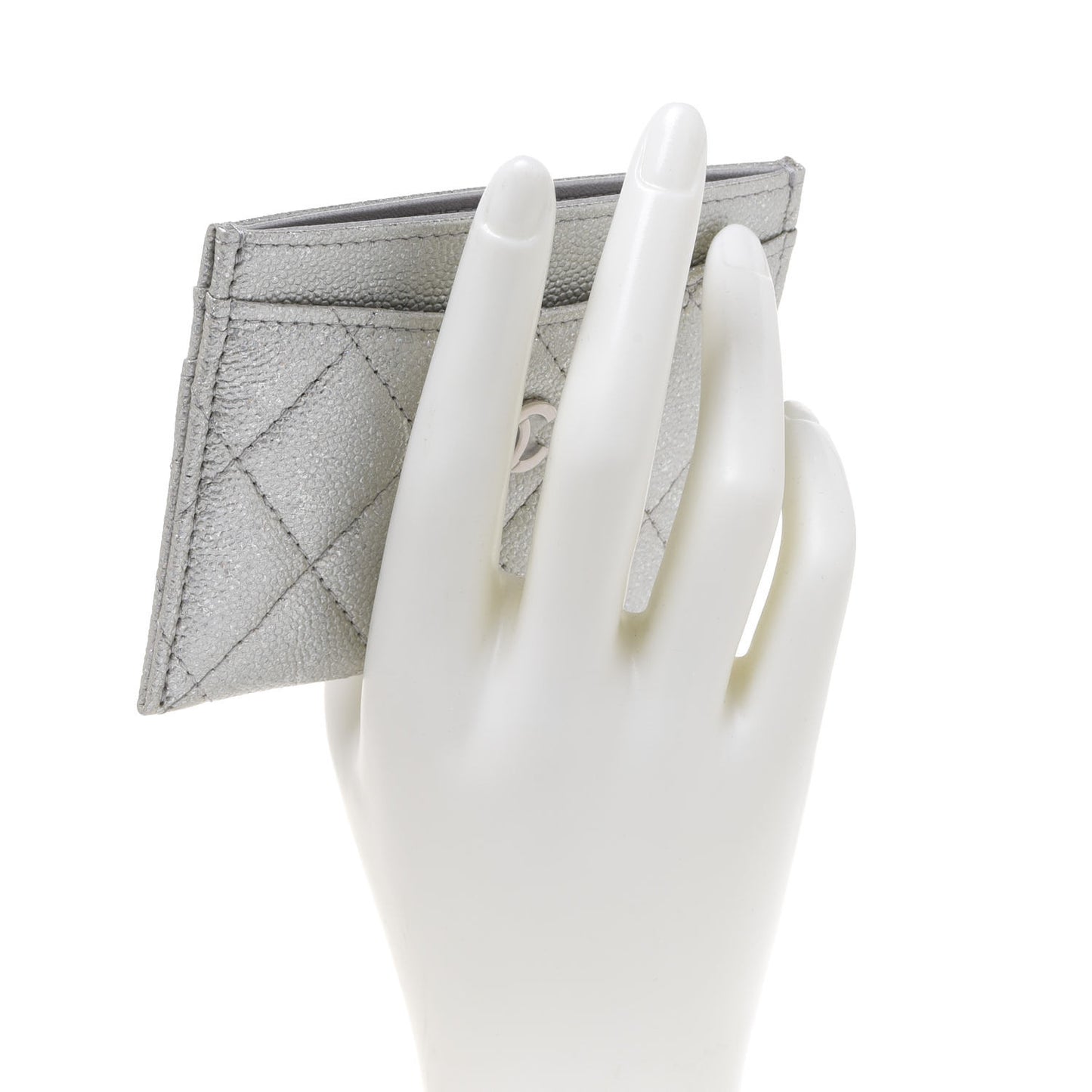 Glittered Metallic Caviar Quilted Card Holder Silver