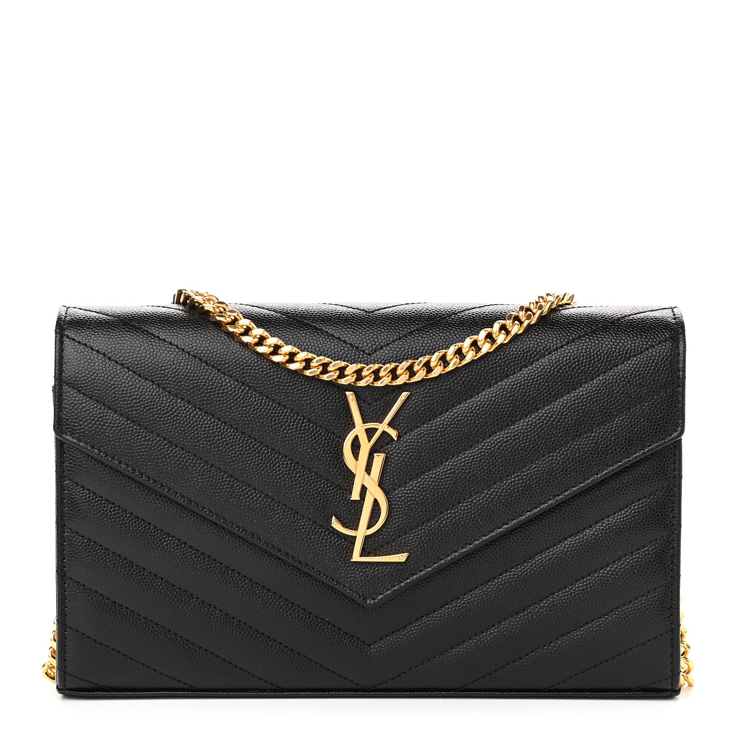 Saint Laurent Grain De Poudre Matelasse Chevron Monogram Chain Wallet Black 1 of 8