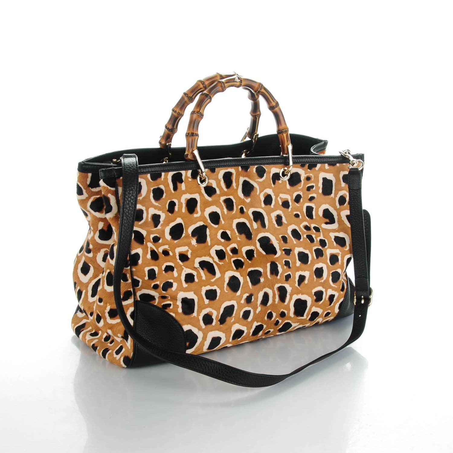 Gucci Calf Hair Leopard Print Large Bamboo Shopper Tote Tobacco 3 of 7