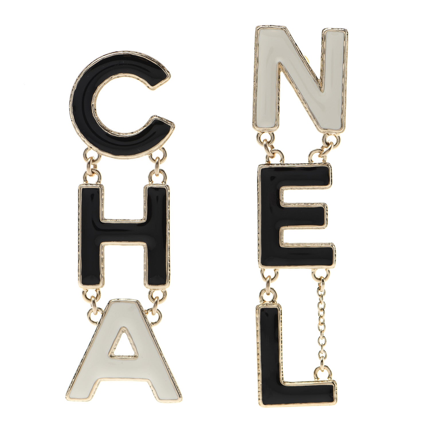 Chanel Metal Enamel Cha-Nel Logo Drop Earrings Black White 1 of 4