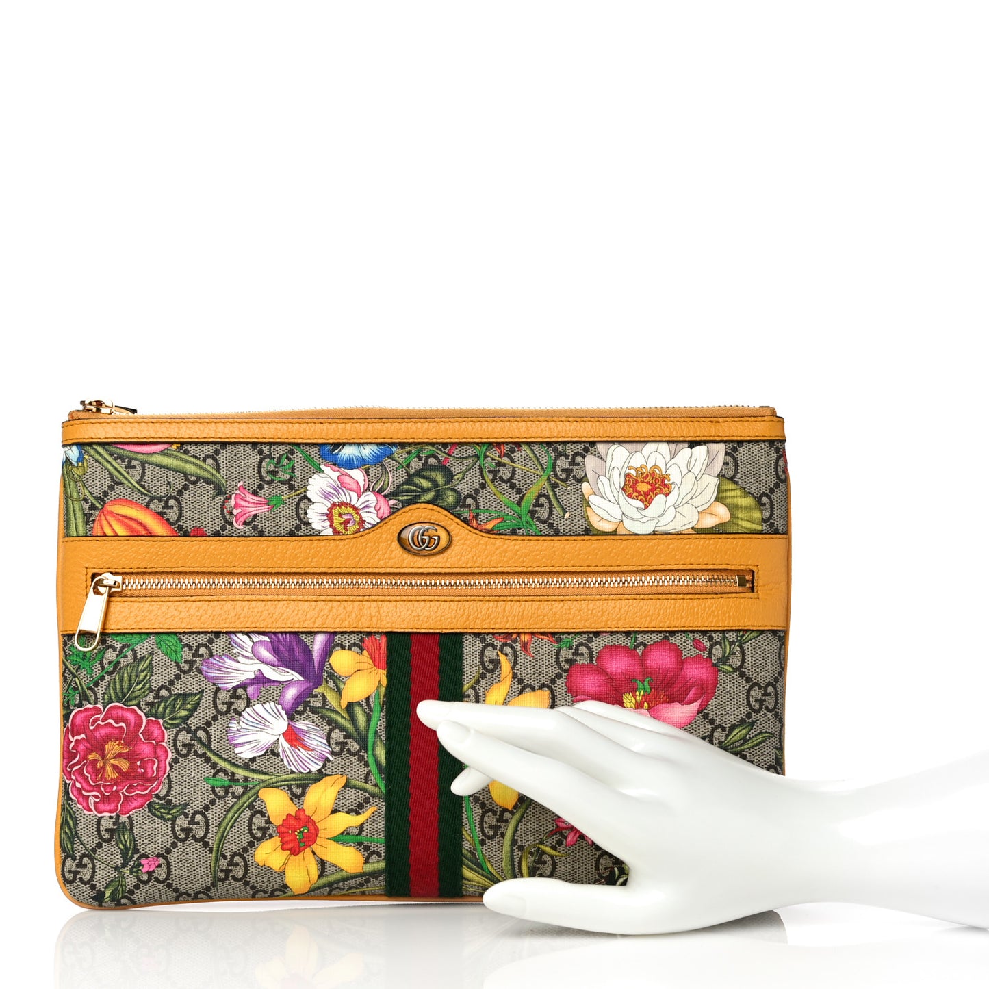 GG Supreme Monogram Flora Large Ophidia Pouch Clutch Beige Multicolor Crop