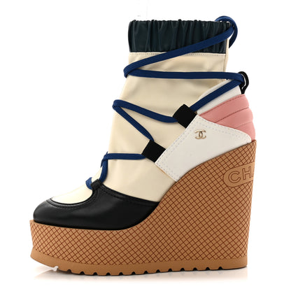 Chanel Fabric Lambskin Calfskin Runway Wedge Short Platform Boots 36 Blue White Pink 1 of 8