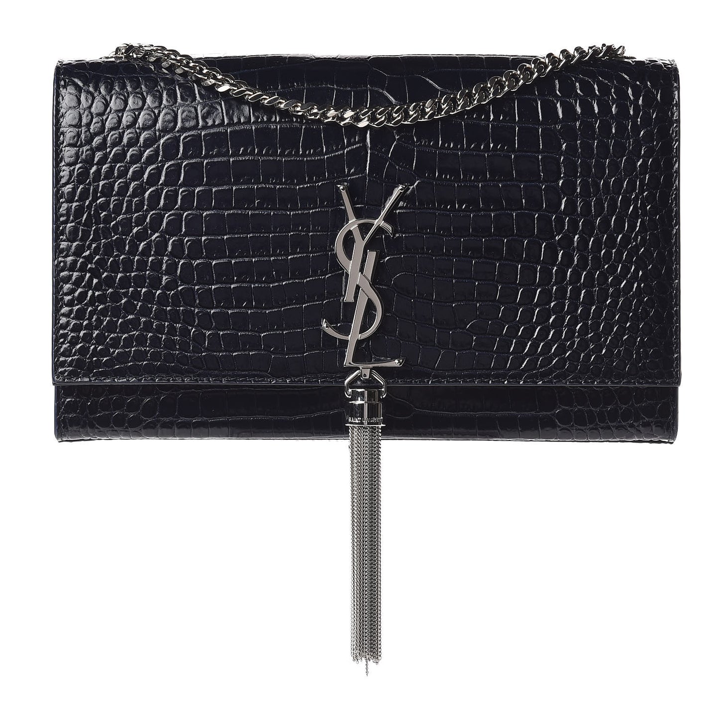 Calfskin Crocodile Embossed Medium Classic Monogram Kate Tassel Satchel Blue Sapphire