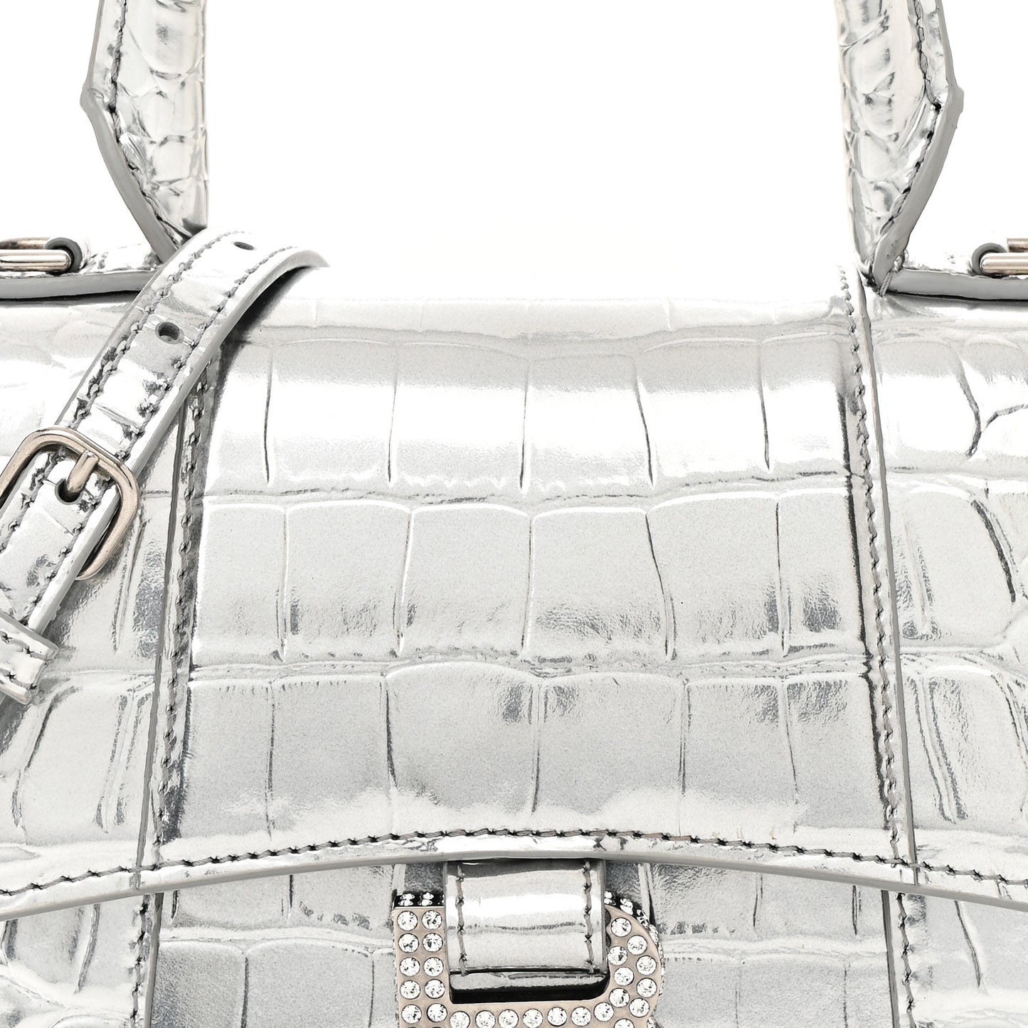 Metallic Calfskin Crocodile Embossed Crystal Hourglass Top Handle Bag XS Silver