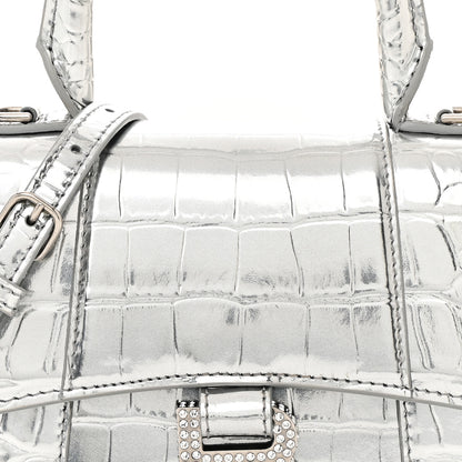 Balenciaga Metallic Calfskin Crocodile Embossed Crystal Hourglass Top Handle Bag XS Silver 9 of 11