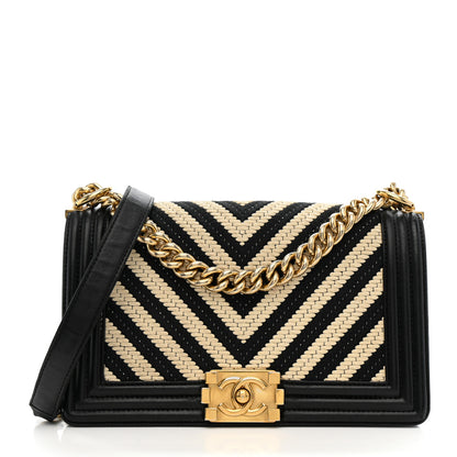 Chanel Fabric Chevron Braided Medium Boy Flap Black White 1 of 10