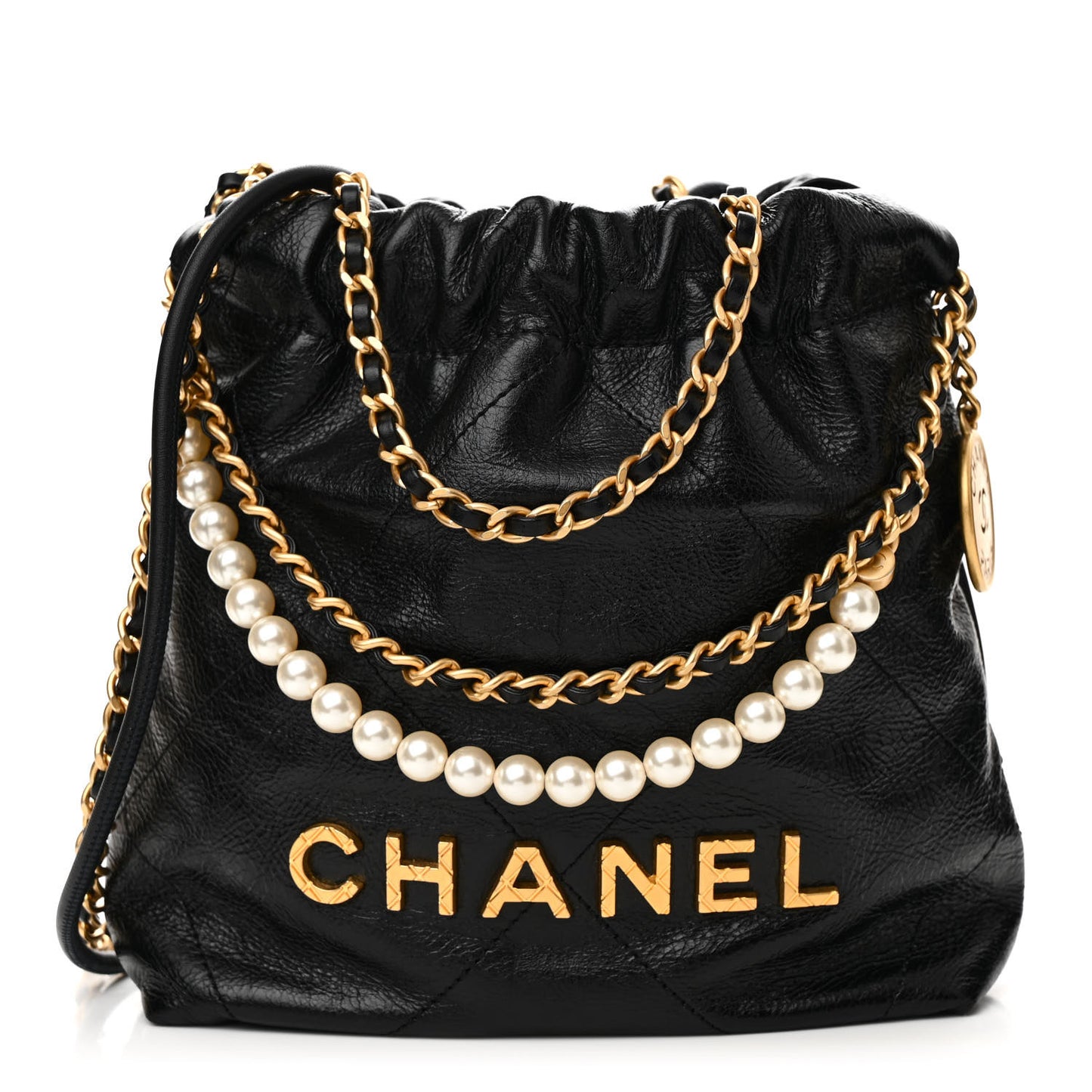 Shiny Crumpled Calfskin Quilted Pearl Mini Chanel 22 Black