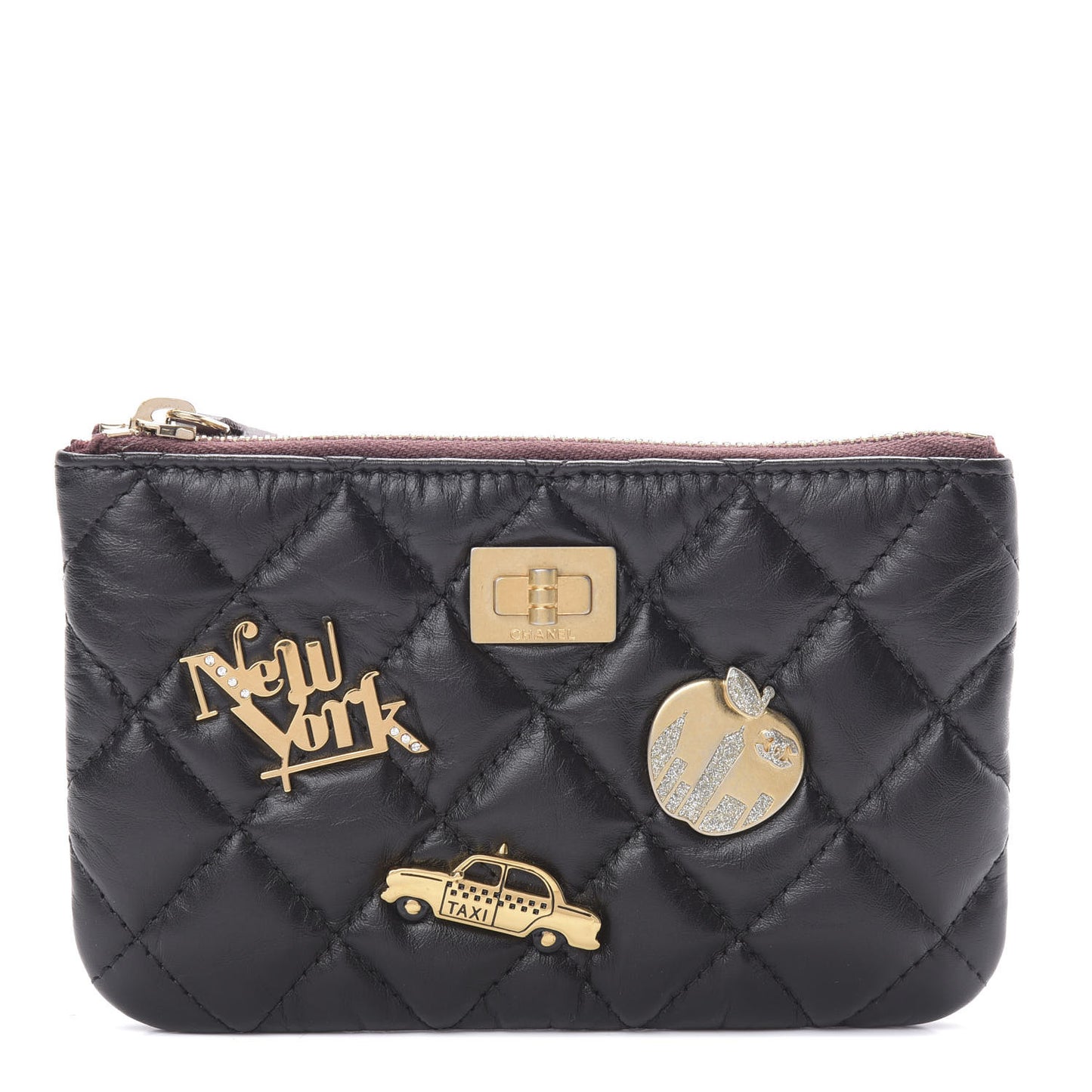 Aged Calfskin Quilted Small Lucky Charms Cosmetic Case Black