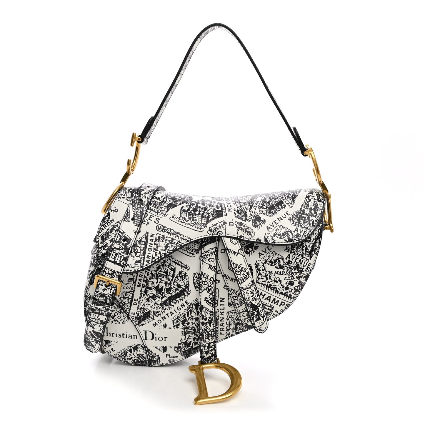 Calfskin Plan De Paris Printed Saddle Bag With Strap White Black