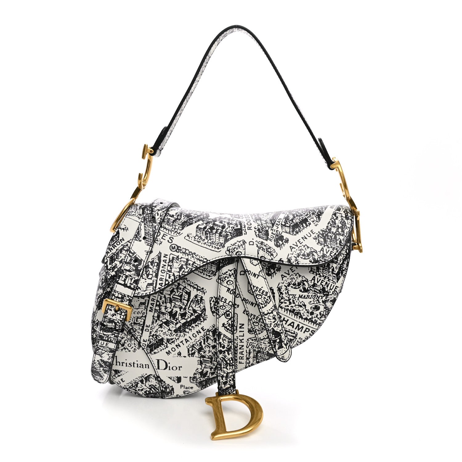 Christian Dior Calfskin Plan De Paris Printed Saddle Bag With Strap White Black 1 of 10