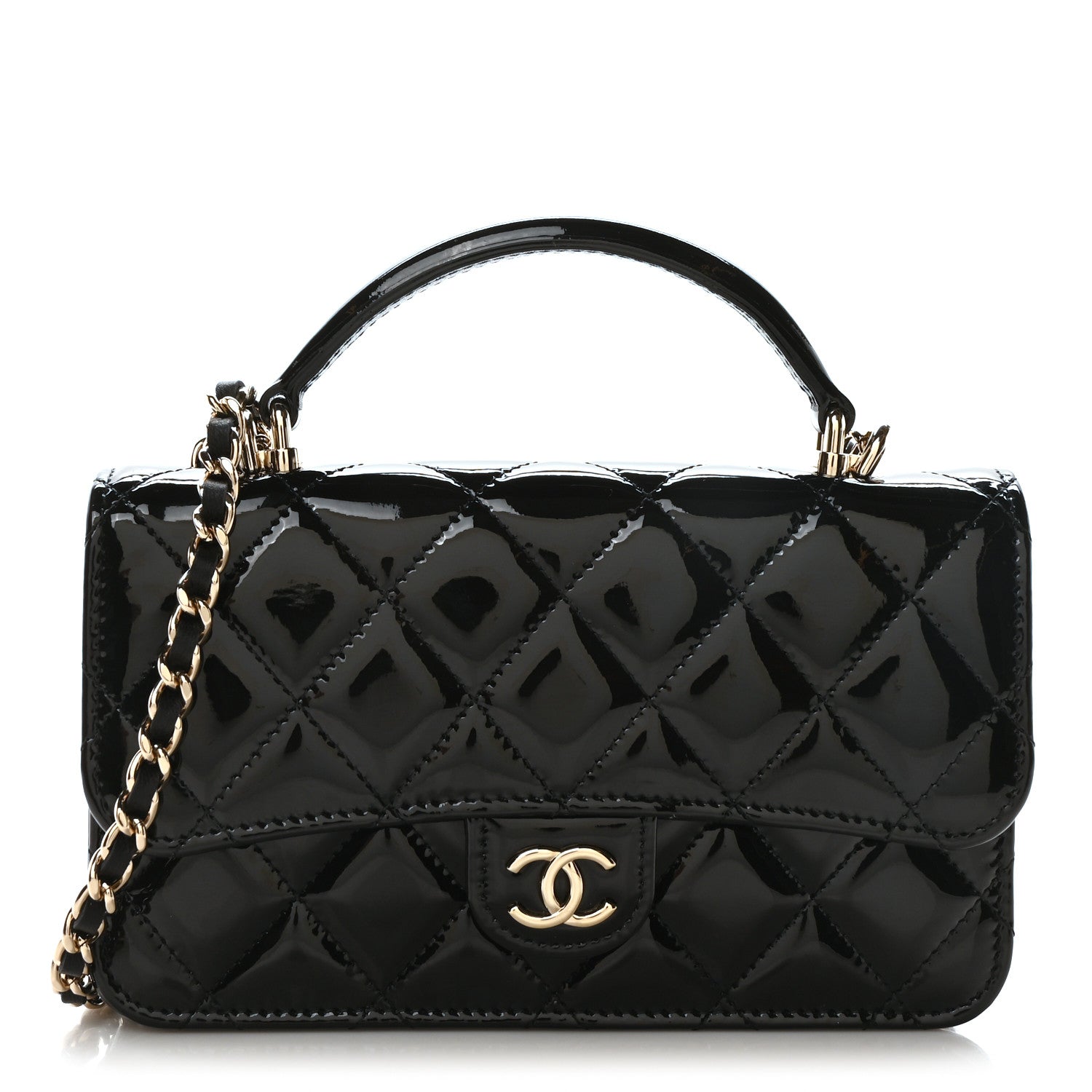 Chanel Patent Calfskin Quilted Flap Phone Holder With Chain Black 1 of 12