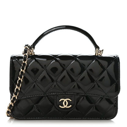 Chanel Patent Calfskin Quilted Flap Phone Holder With Chain Black 1 of 12