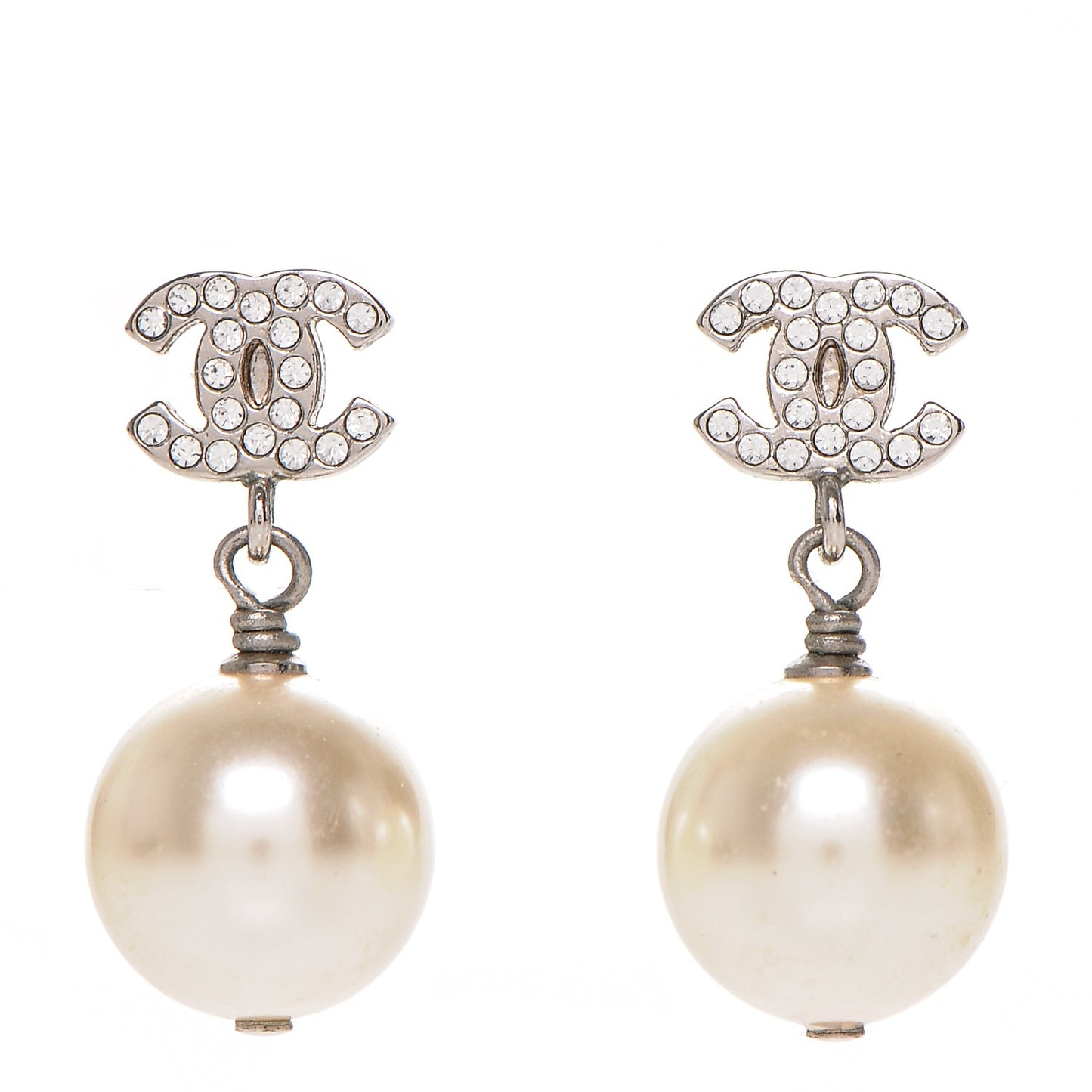 Crystal Pearl CC Drop Earrings Silver