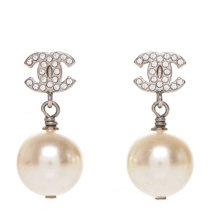 Chanel Crystal Pearl CC Drop Earrings Silver 1 of 4