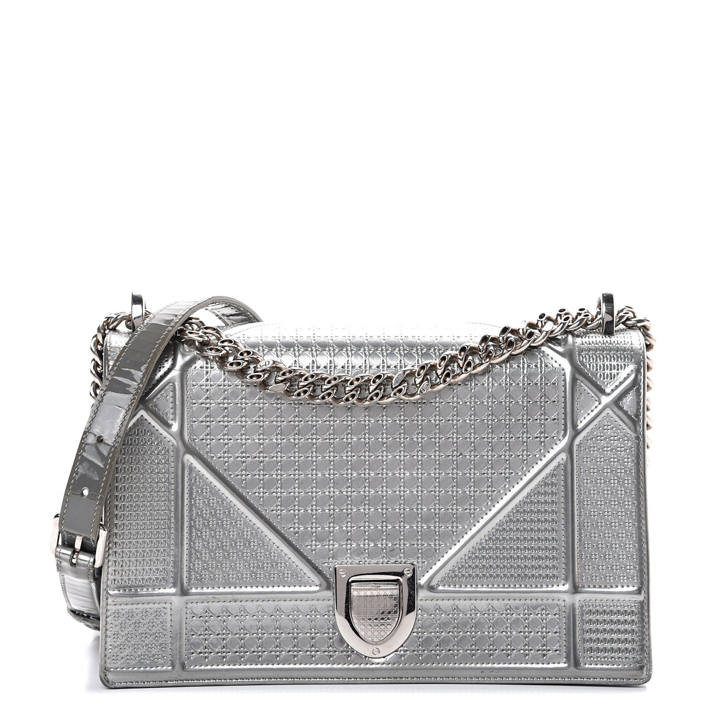 Metallic Patent Micro-Cannage Medium Diorama Flap Bag Silver