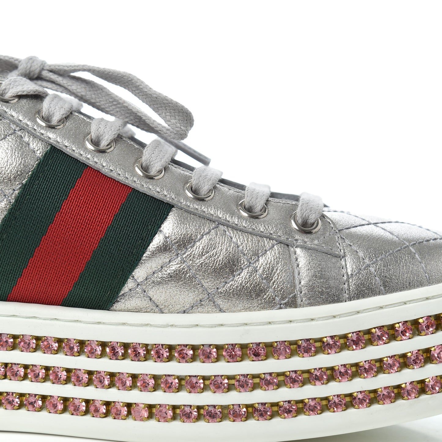 Laminated Nappa Crystal Web Bee Embroidered Trapuntata Womens Ace Platform Sneakers 36.5 Argento