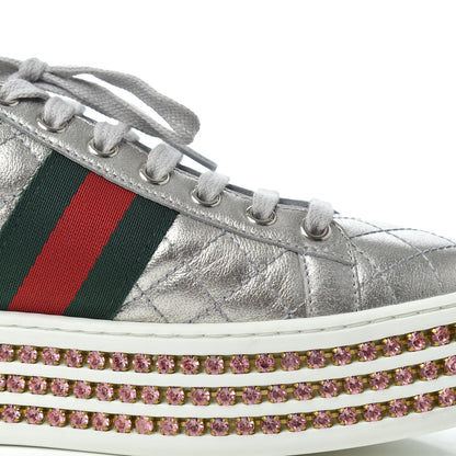 Gucci Laminated Nappa Crystal Web Bee Embroidered Trapuntata Womens Ace Platform Sneakers 36.5 Argento 18 of 21