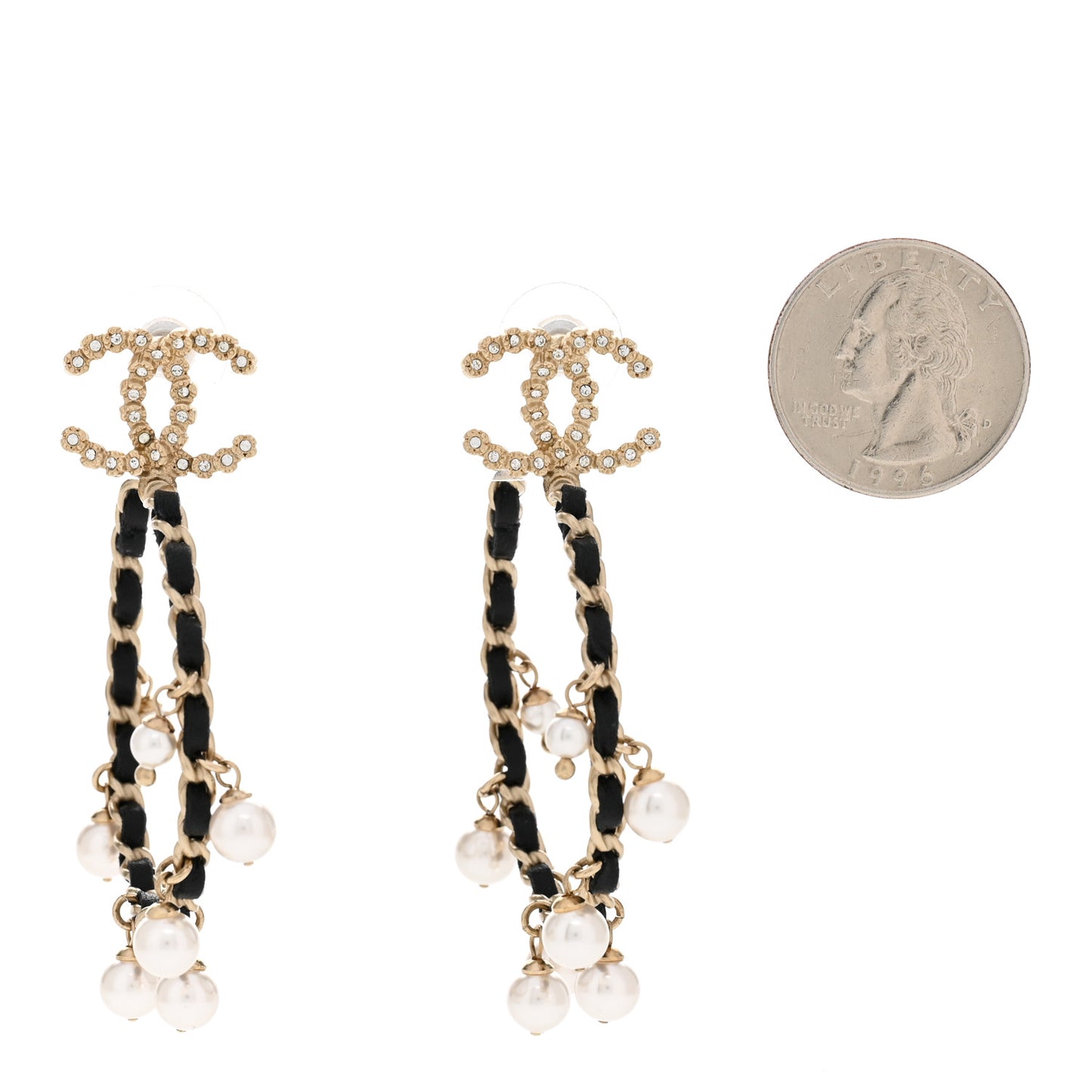 Lambskin Pearl Crystal CC Chain Hoop Earrings Gold Black