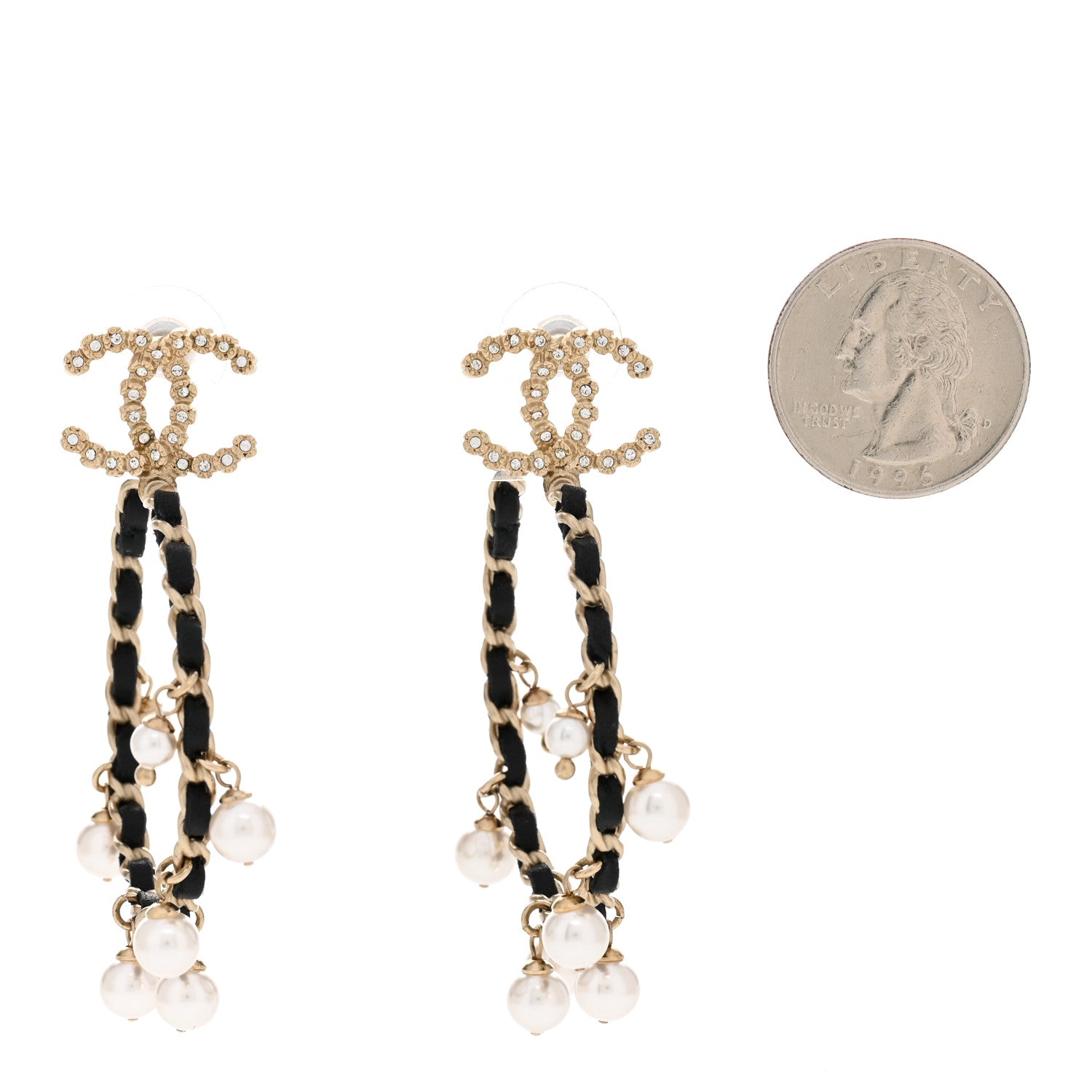 Chanel Lambskin Pearl Crystal CC Chain Hoop Earrings Gold Black 2 of 4