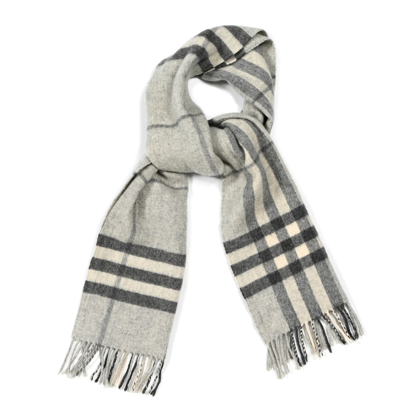Cashmere Giant Check Fringe Scarf Pale Grey