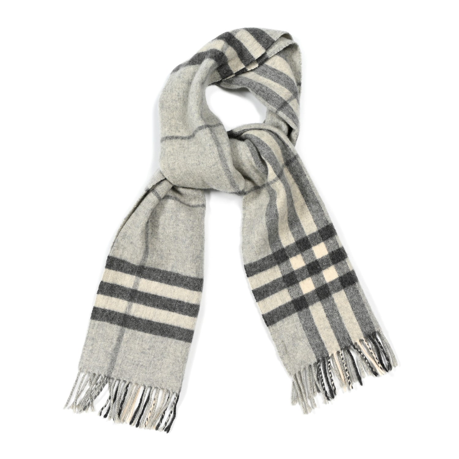 Burberry Cashmere Giant Check Fringe Scarf Pale Grey 1 of 4