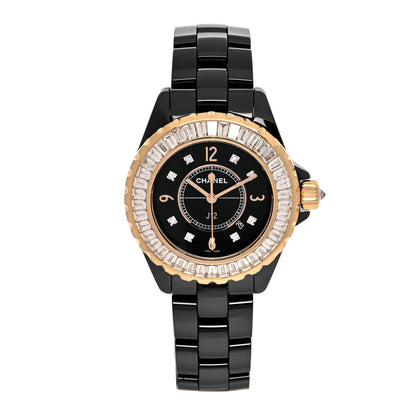 Chanel Stainless Steel 18K Yellow Gold Ceramic Diamond Baguette 33mm J12 Quartz Watch Black 1 of 5