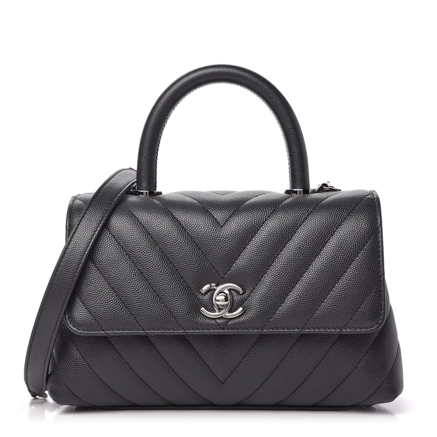 Caviar Chevron Quilted Mini Coco Handle Flap Dark Grey