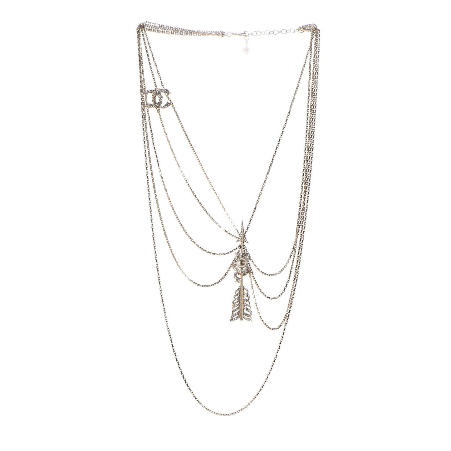 Crystal Pearl Chain CC Arrow Multi Strand Necklace Gold