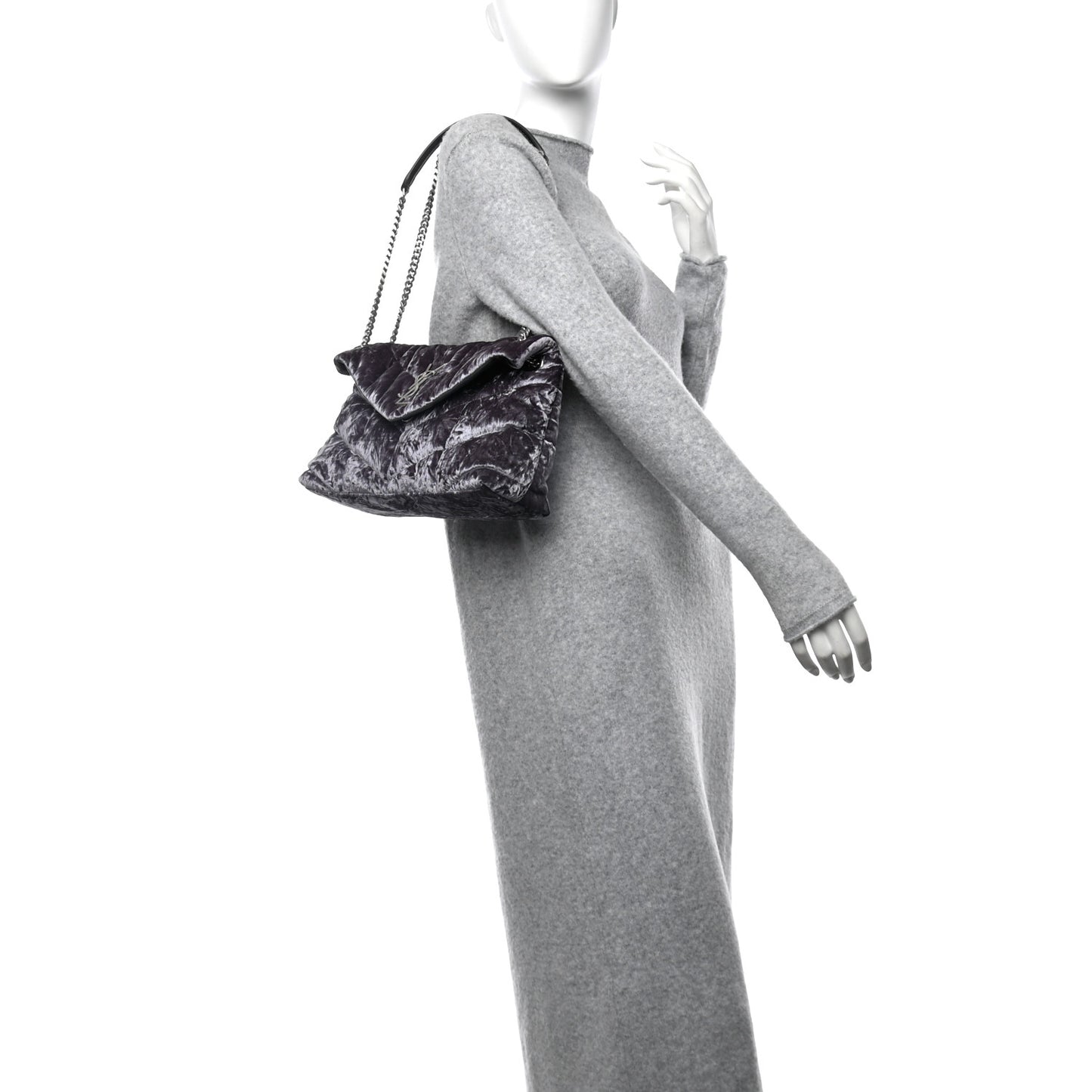 Crushed Velvet Quilted Small Loulou Puffer Monogram Chain Satchel Iron Grey
