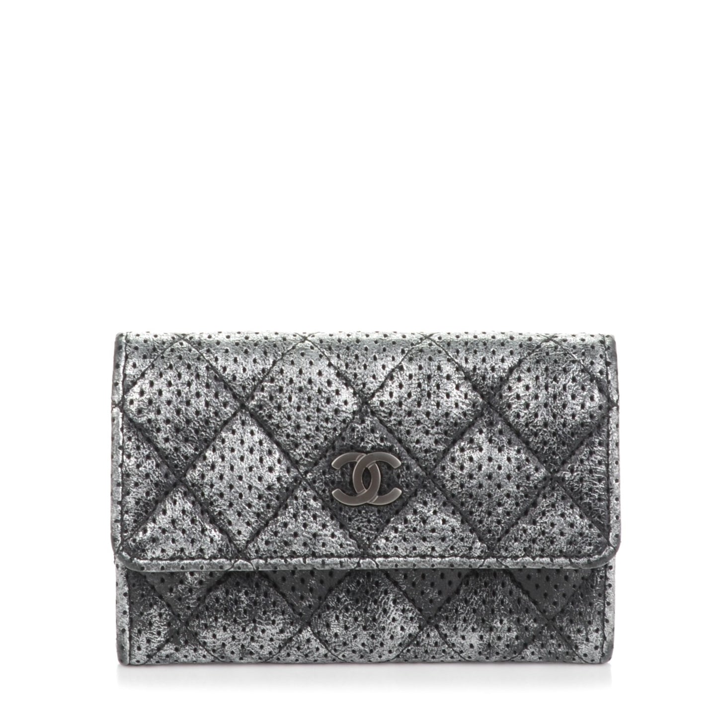 Metallic Calfskin Perforated Quilted Card Holder Grey