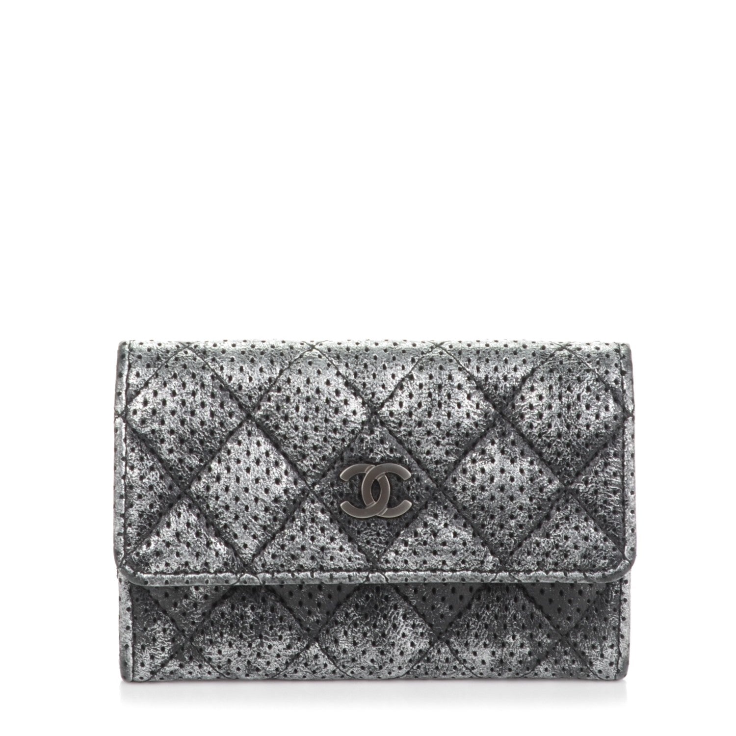 Chanel Metallic Calfskin Perforated Quilted Card Holder Grey 1 of 8