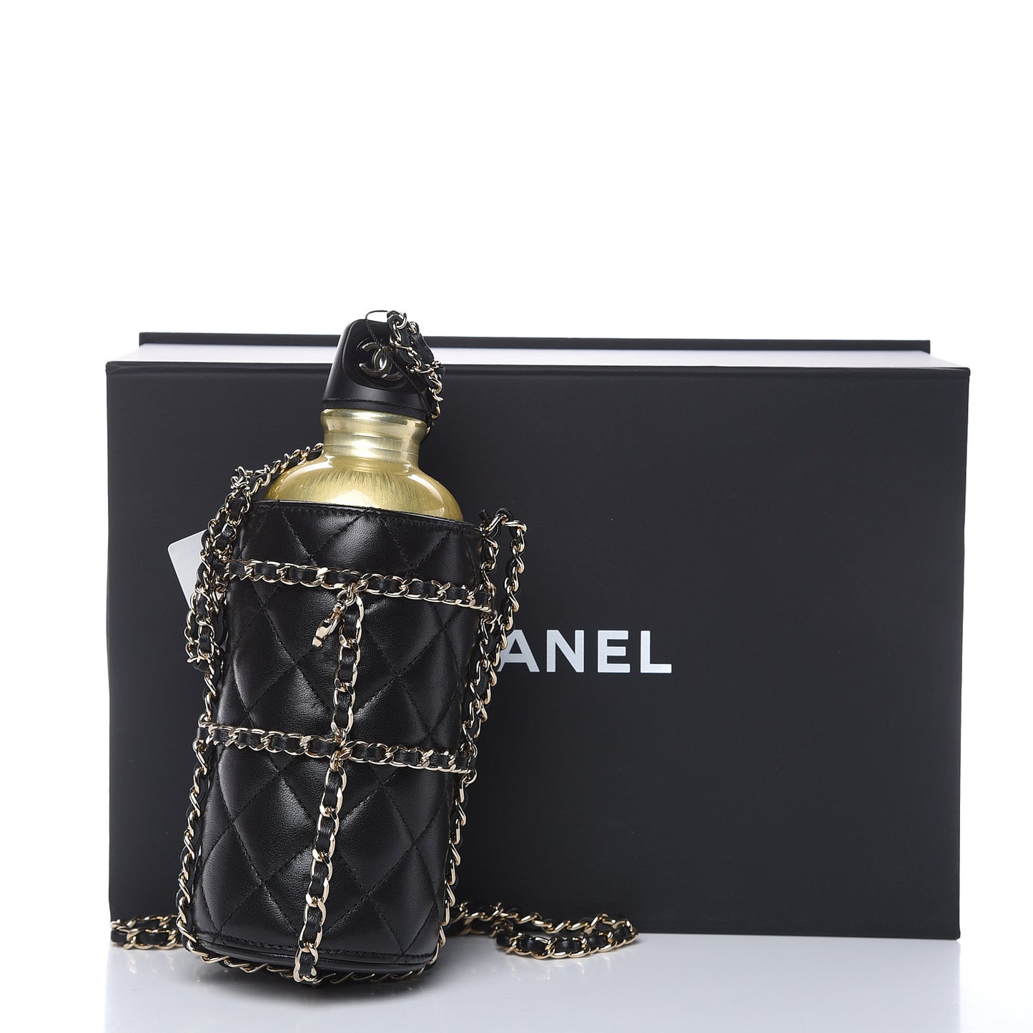 Lambskin Quilted CC To Drink Water Bottle Black Gold