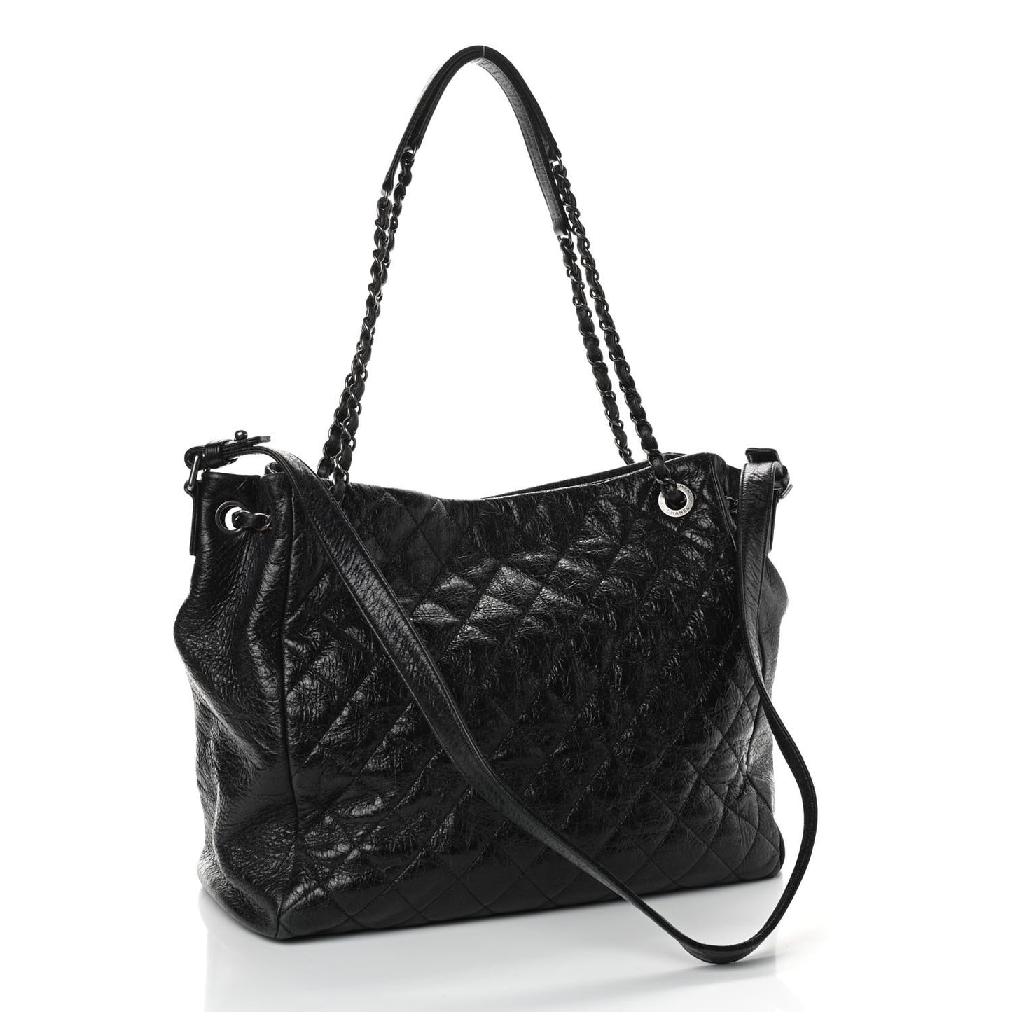 Glazed Calfskin Quilted Large Tote Black