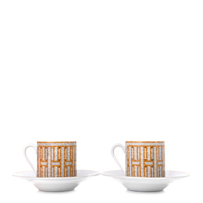 Hermes Porcelain Mosaique Au 24 Gold Coffee Cup and Saucer Set of 2 3 of 9