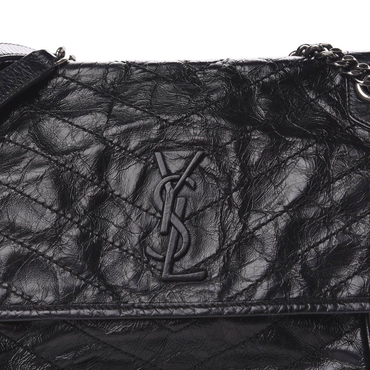 Crinkled Calfskin Matelasse Monogram Medium Niki Chain Satchel Black