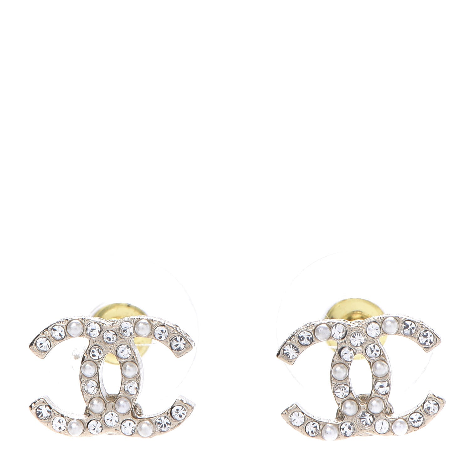 Chanel Pearl Crystal CC Charms Stud Earrings Light Gold 1 of 10